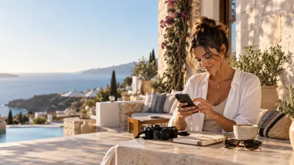 A creator sitting with her phone at a stone table, a camera and notebook beside her.