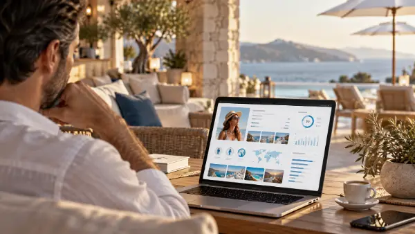 A hotel manager reviewing a creator's audience figures on a laptop by the sea.