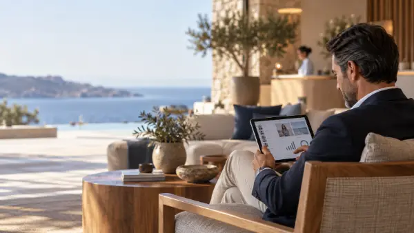 A hotel manager reading creator profiles on a tablet in a sunlit lounge.