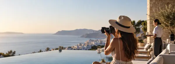 A creator photographing the coastline from a hotel terrace.