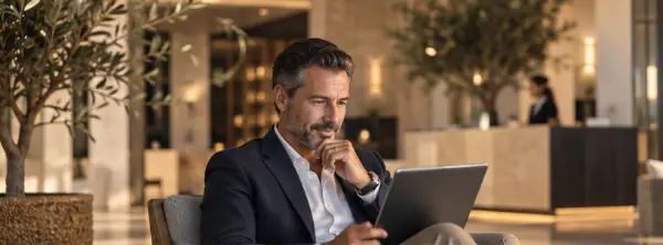 A hotel manager working on a laptop in a hotel lobby.