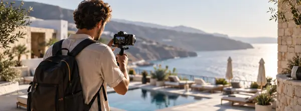 A creator filming a hotel pool and the sea beyond it.