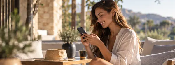 A creator reviewing photographs on her phone at a hotel table.