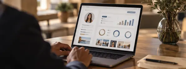 A hotel manager looking at a creator's scorecard on a laptop.