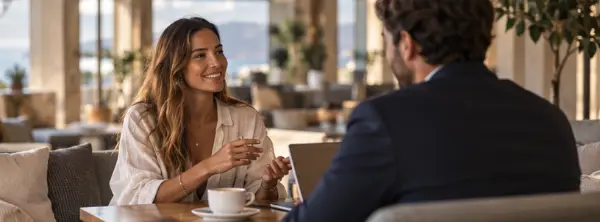 A hotel manager and a creator in conversation over coffee.